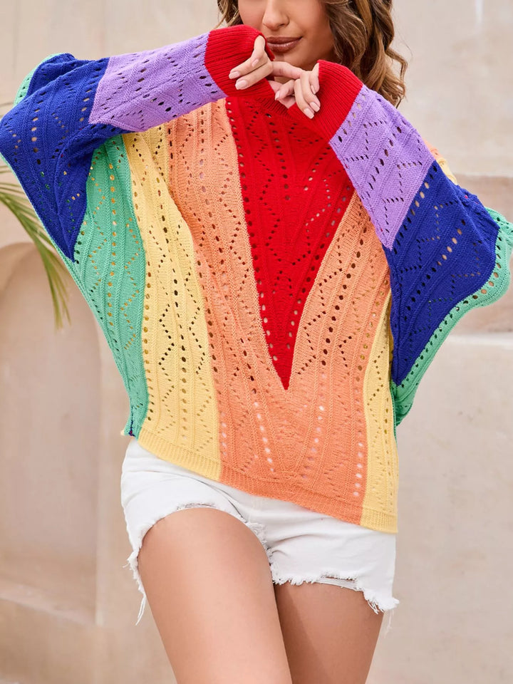 Rainbow color block openwork knit sweater