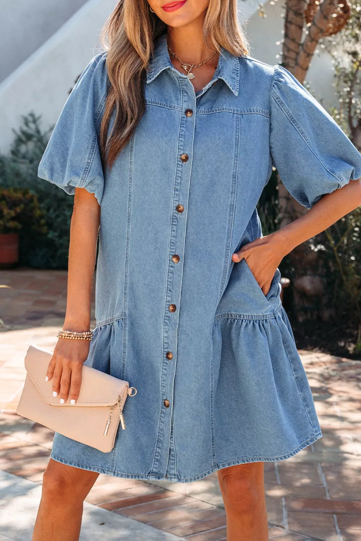 Light Blue Button-down puff sleeve denim mini dress with ruffle hem