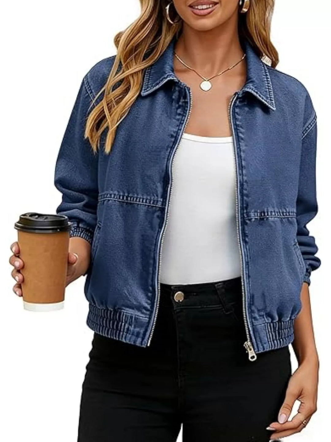 Dark Blue Zip-front washed denim bomber jacket with ribbed hem