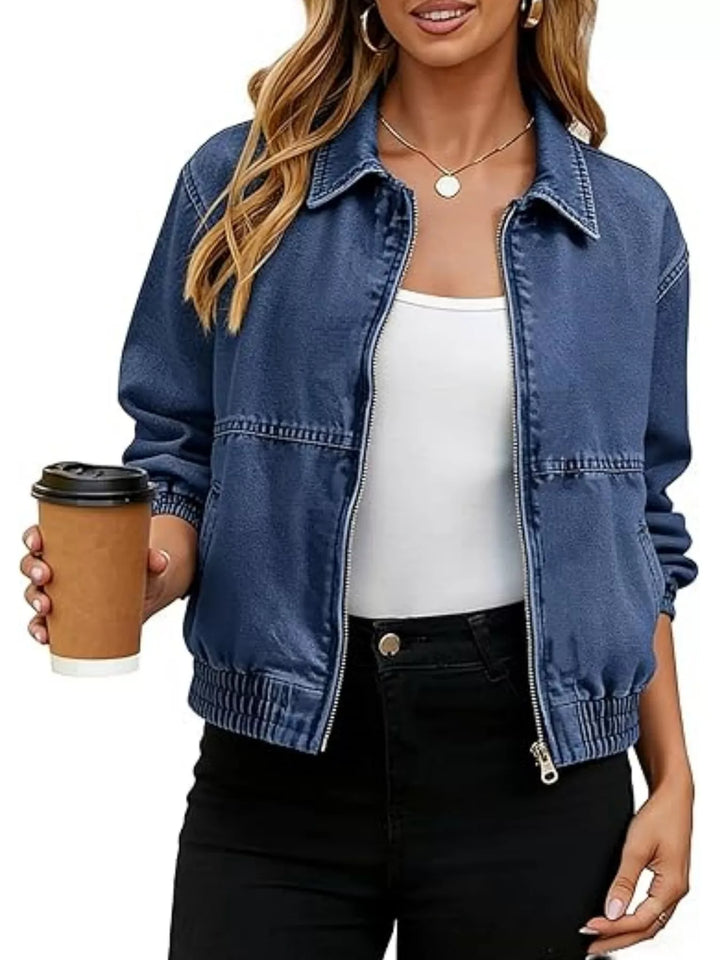 Dark Blue Zip-front washed denim bomber jacket with ribbed hem