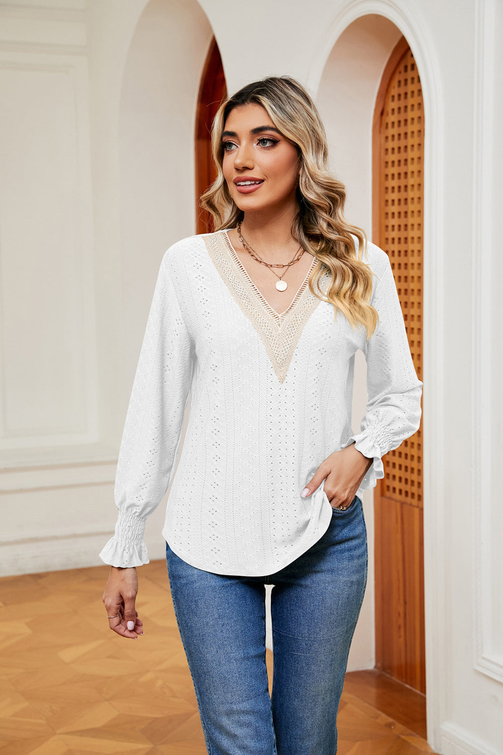 White Contrast crochet V-neck eyelet blouse with flounce cuffs