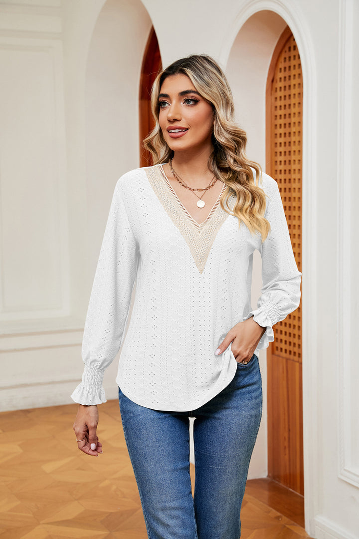 White Contrast crochet V-neck eyelet blouse with flounce cuffs