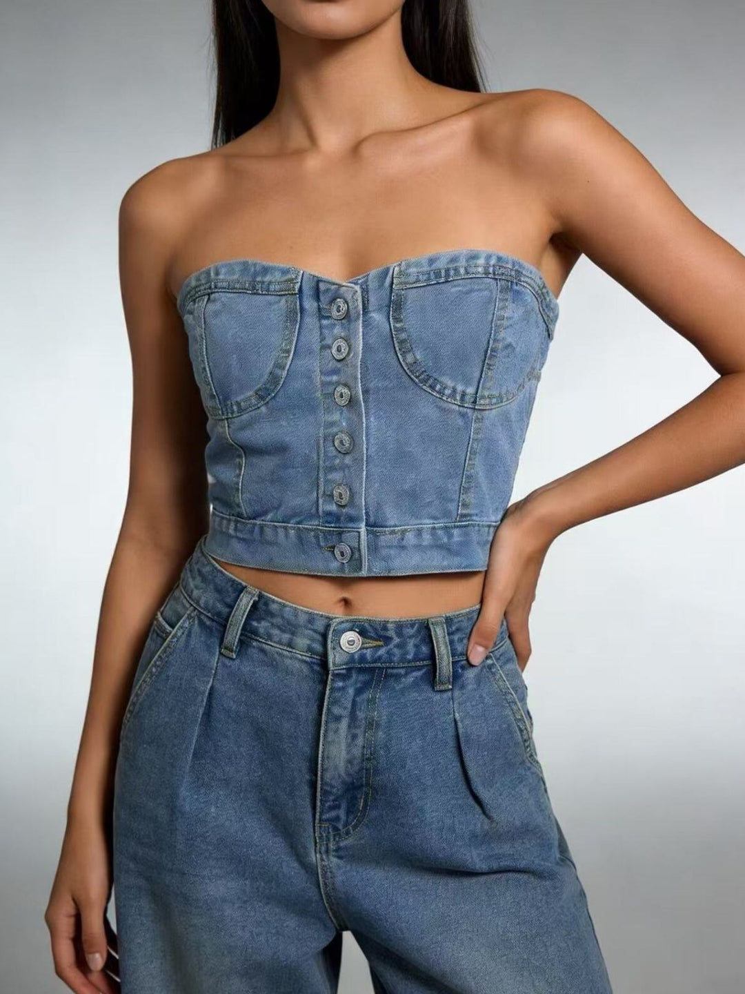 Button-front denim tube top with smocked sides