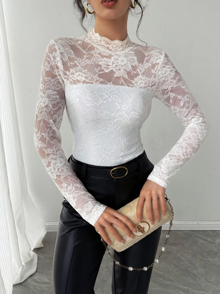 White Sheer floral lace mock neck long sleeve top