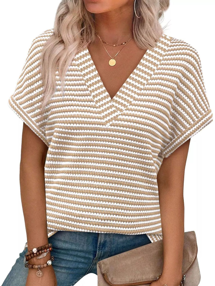 Beige Striped V-neck relaxed short sleeve knit top