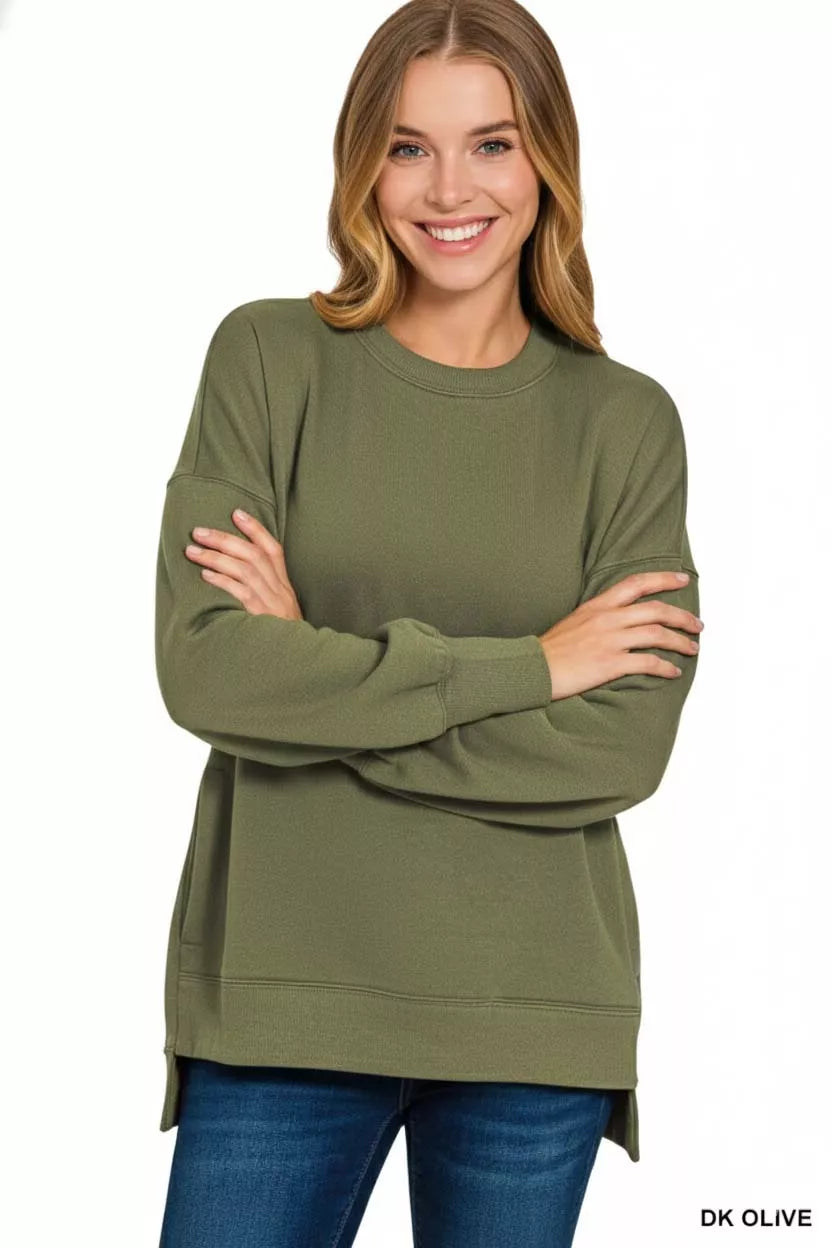 DK OLIVE Hi-low fleece boyfriend sweatshirt with side pockets