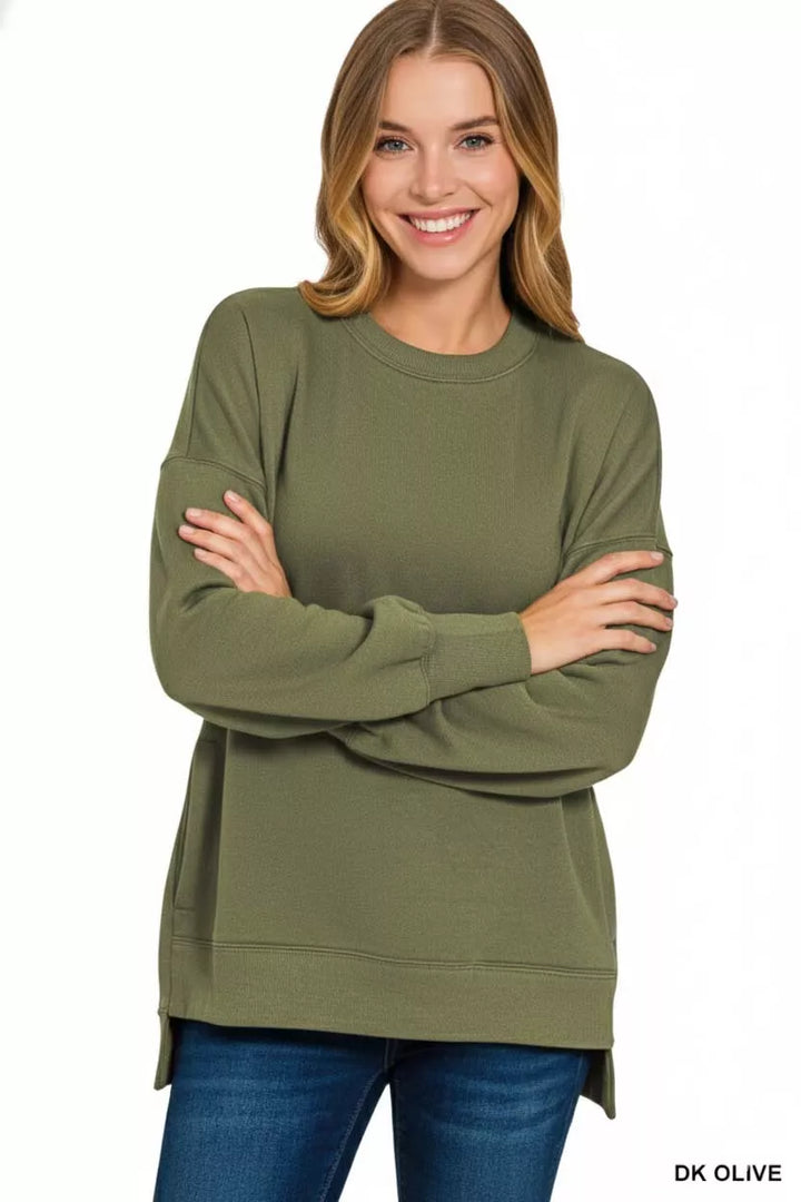 DK OLIVE Hi-low fleece boyfriend sweatshirt with side pockets