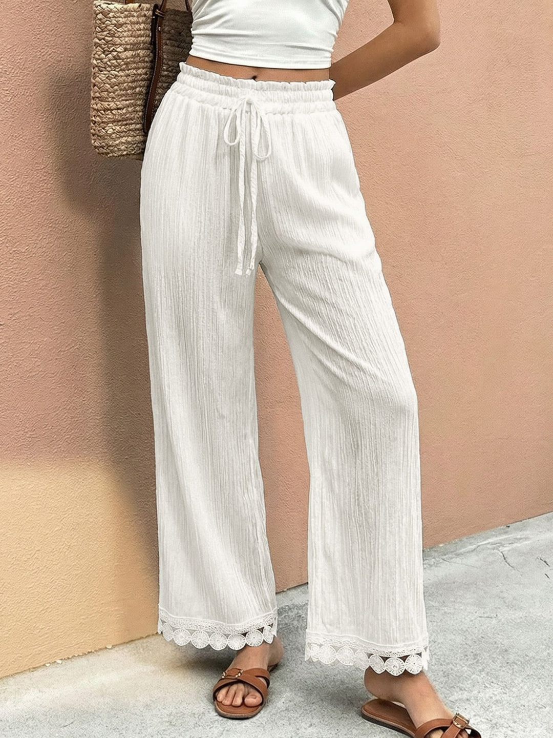 White Crinkle wide-leg drawstring pants with lace trim hem