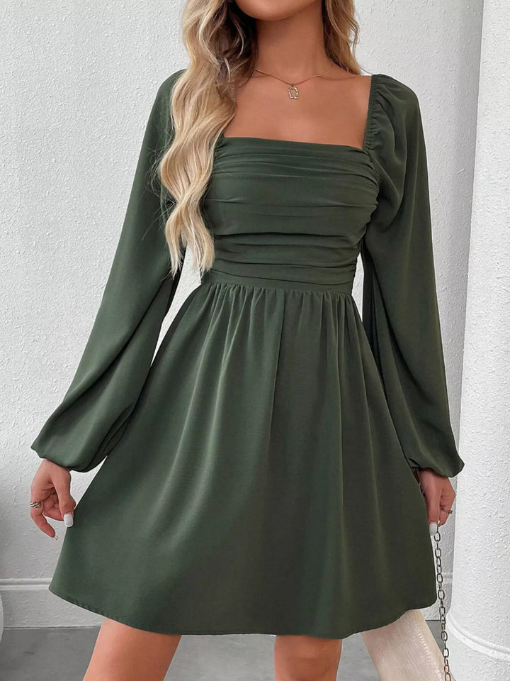 Ruched square-neck balloon sleeve A-line mini dress