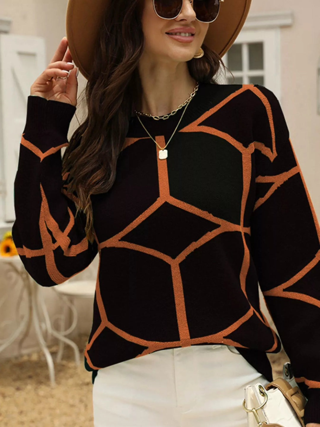 Black Geometric lattice knit crew neck pullover sweater