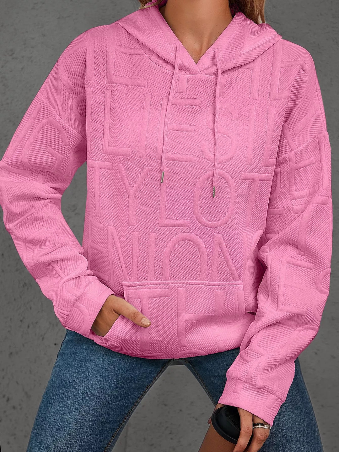 Textured embossed letter pullover hoodie with front pocket