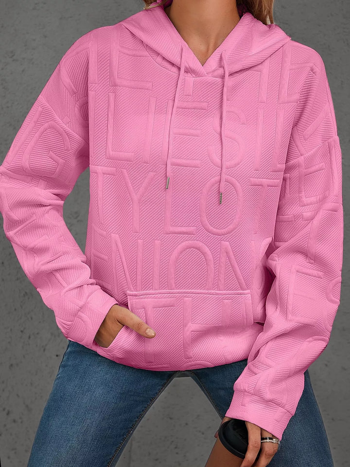 Textured embossed letter pullover hoodie with front pocket