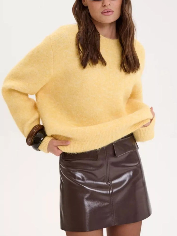 Pastel Yellow Dropped shoulder brushed knit crew neck sweater