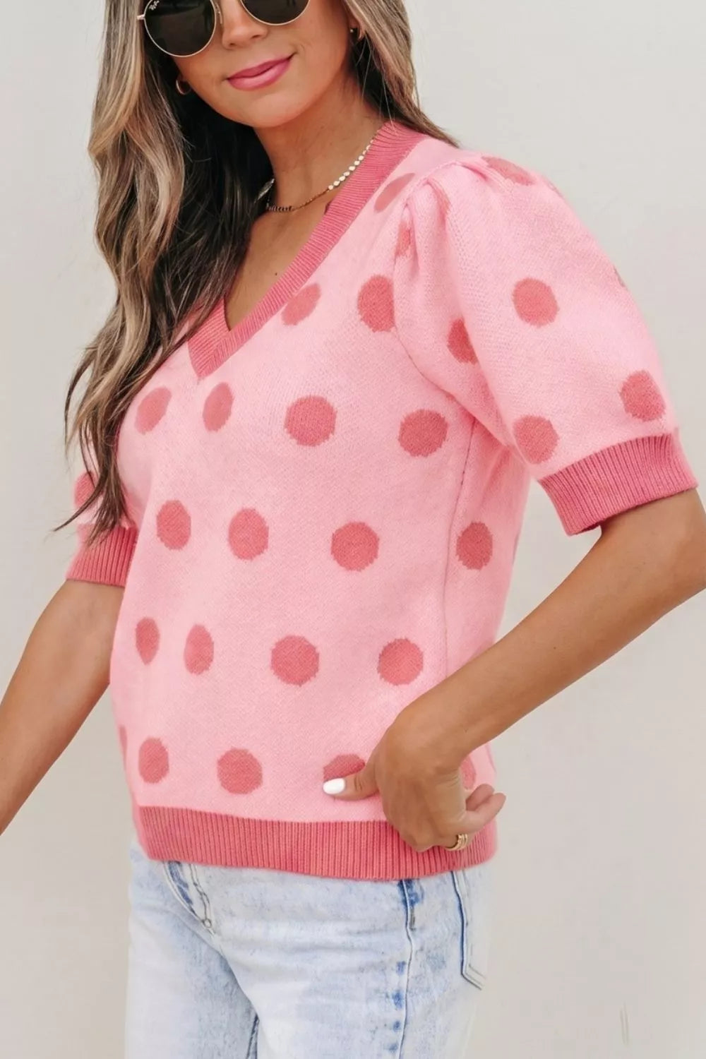 Polka dot puff sleeve v-neck knit sweater top