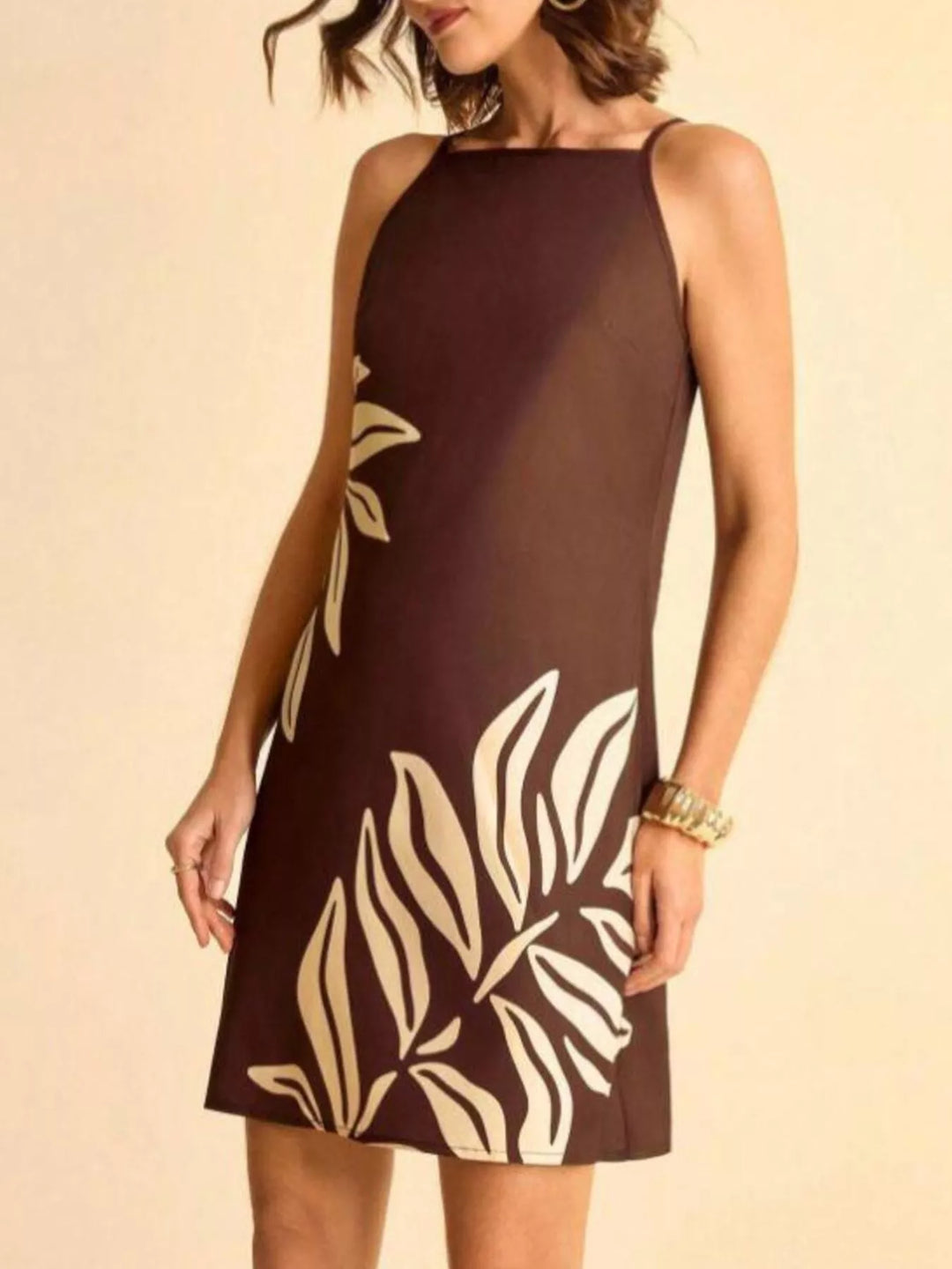Tropical leaf print sleeveless mini dress