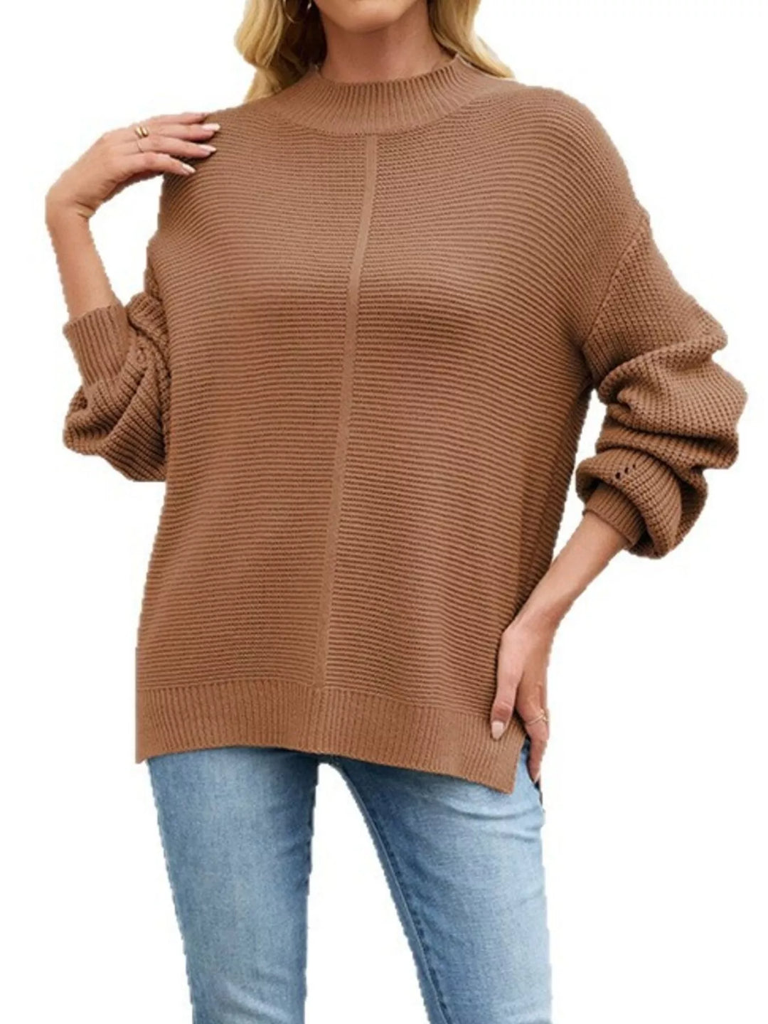 Ribbed knit mock neck drop shoulder sweater