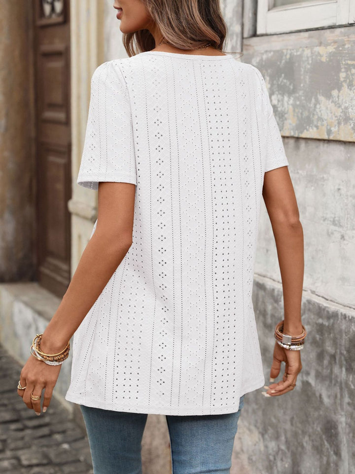 Eyelet square neck babydoll tunic with button placket