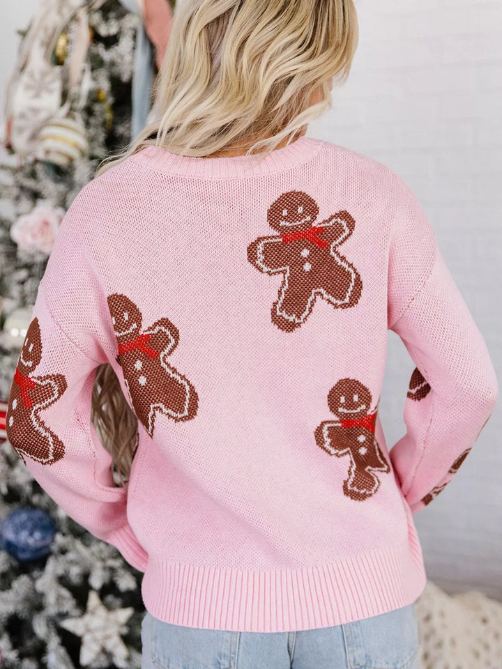 Gingerbread man knit pullover sweater with drop shoulders