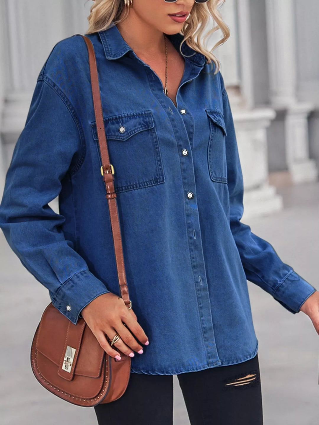 Washed denim button-down shirt with chest pockets
