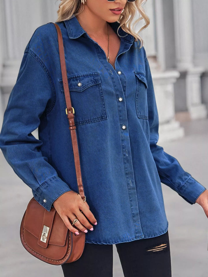 Washed denim button-down shirt with chest pockets