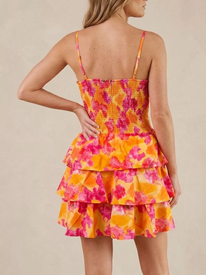 Floral print cutout mini dress with tiered ruffle skirt