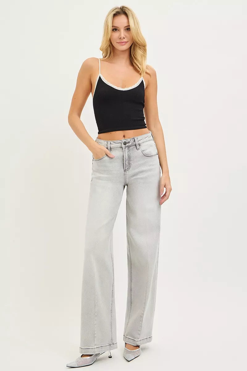 High-rise slouchy baggy jeans with contrast stitching