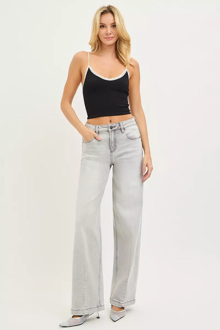 High-rise slouchy baggy jeans with contrast stitching