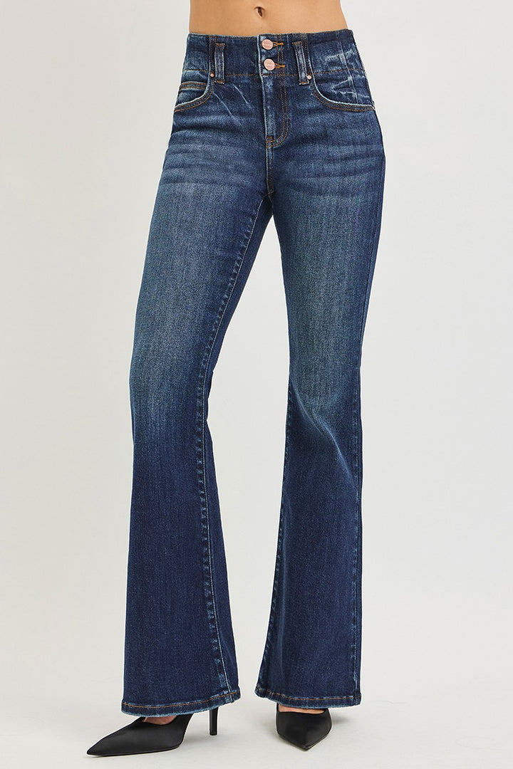 DARK High-rise flare jeans with seam-detail waistband