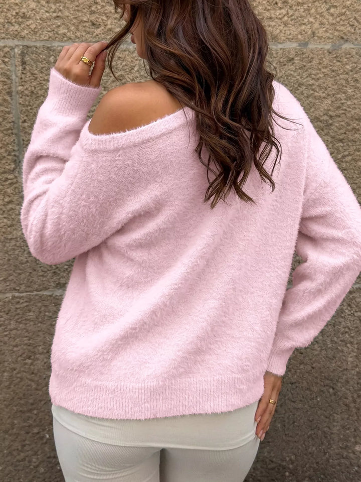 Fuzzy eyelash knit off-shoulder pullover sweater