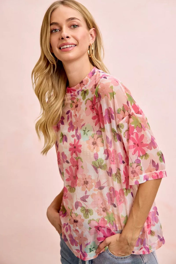 Sheer floral mesh boxy top with short sleeves