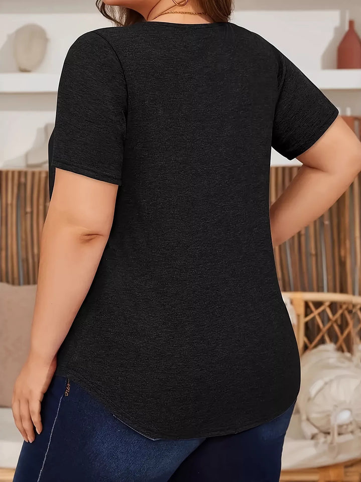 Plus size pleated lace yoke short sleeve top