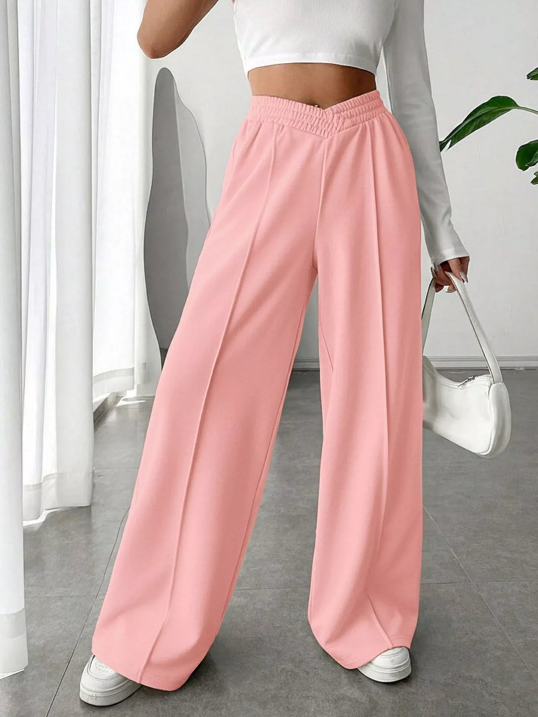 High waist wide leg pull-on pants with V-notch waistband