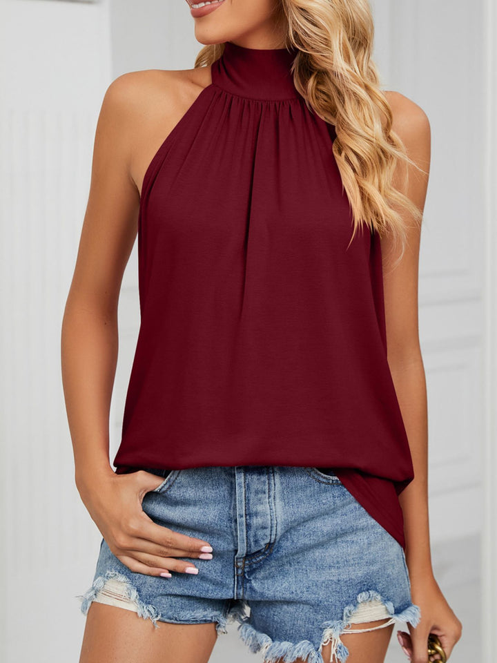 Burgundy High-neck sleeveless cami with ruched tie-back