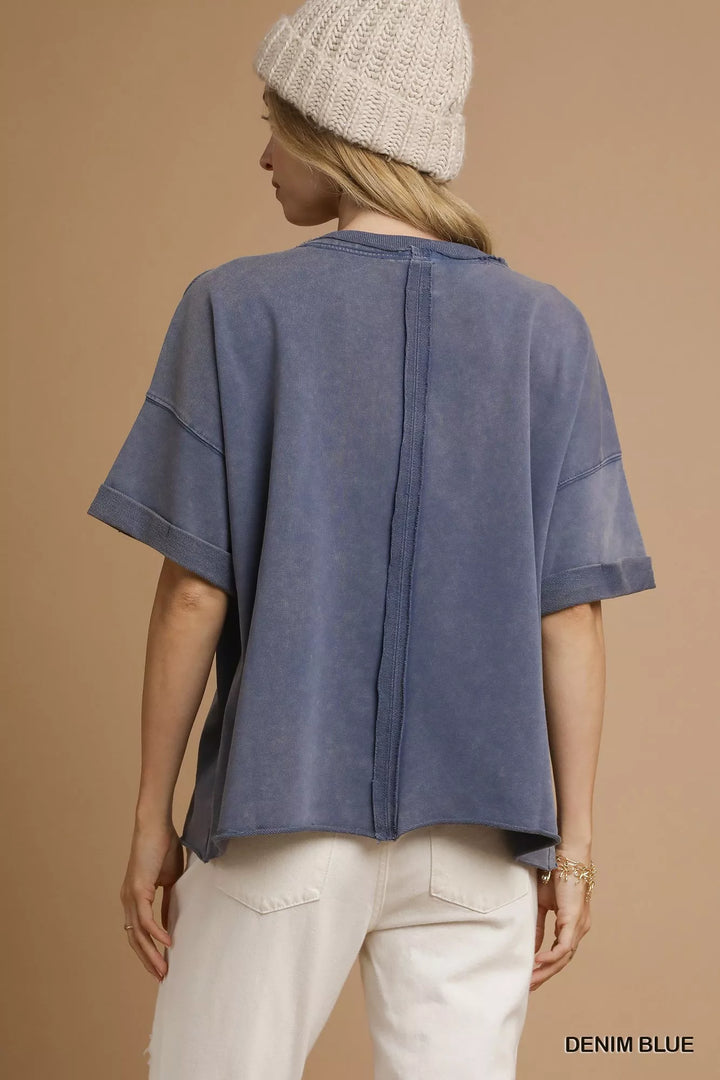 Mineral wash oversized round neck top with rolled sleeves