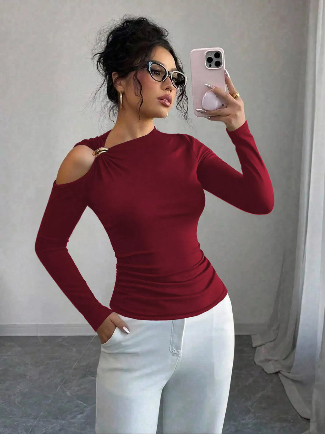 Cutout one-shoulder long sleeve top with ring detail