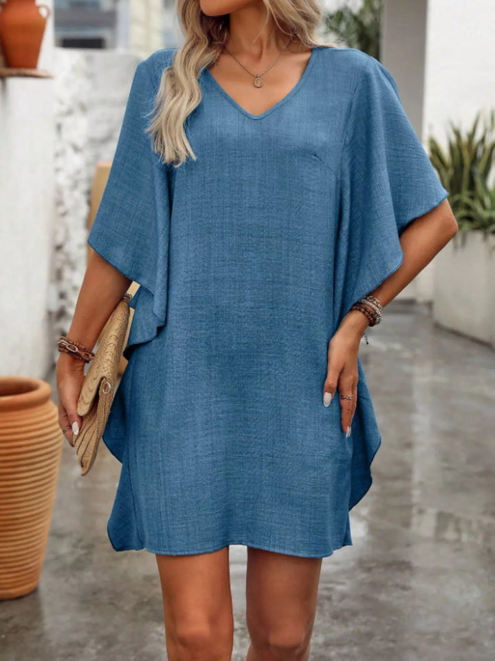 Flutter sleeve V-neck mini dress in textured weave