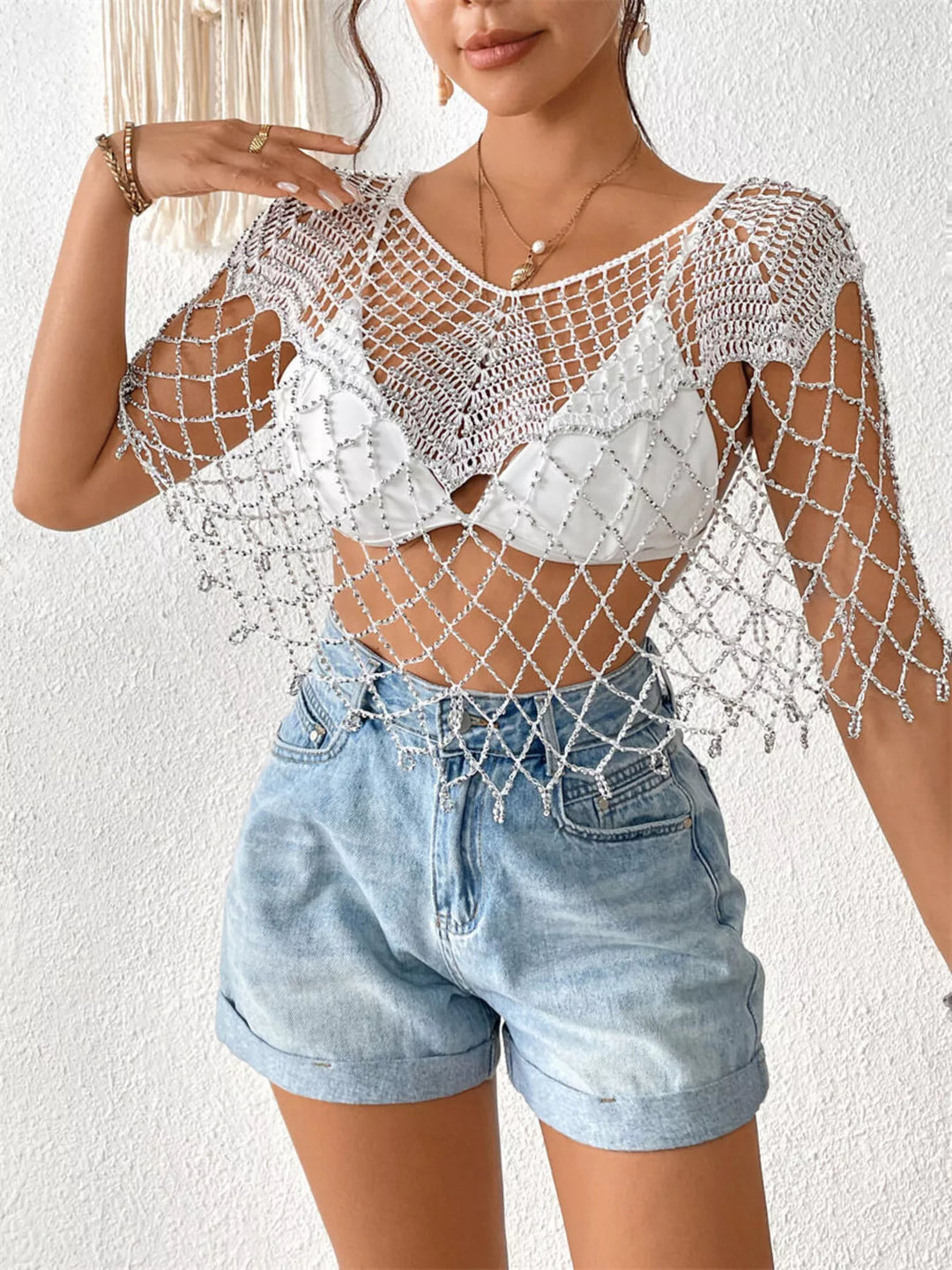 White Beaded crochet v-neck open-weave cover-up