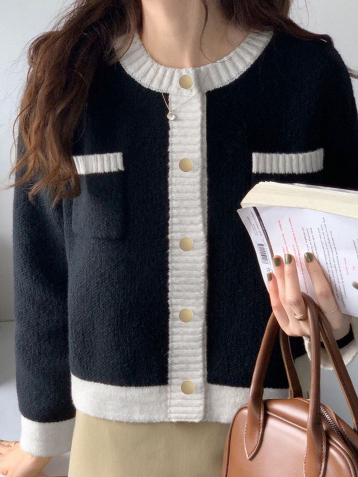 Contrast-trim button-up knit cardigan with patch pockets