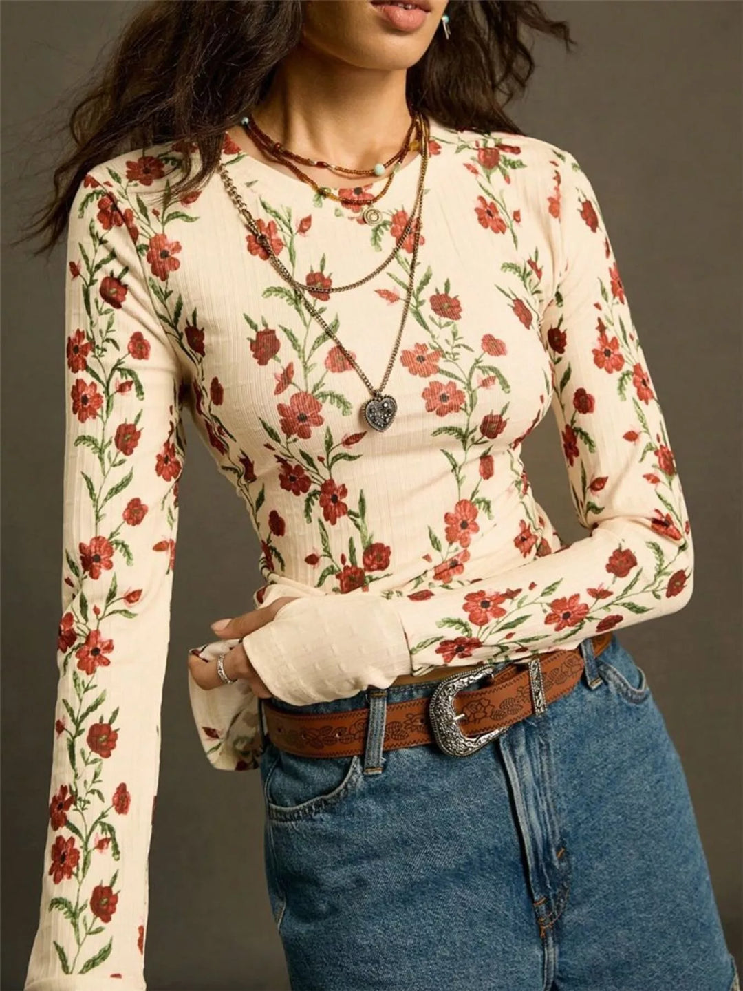 Ribbed floral long sleeve crew neck top with thumbhole cuffs