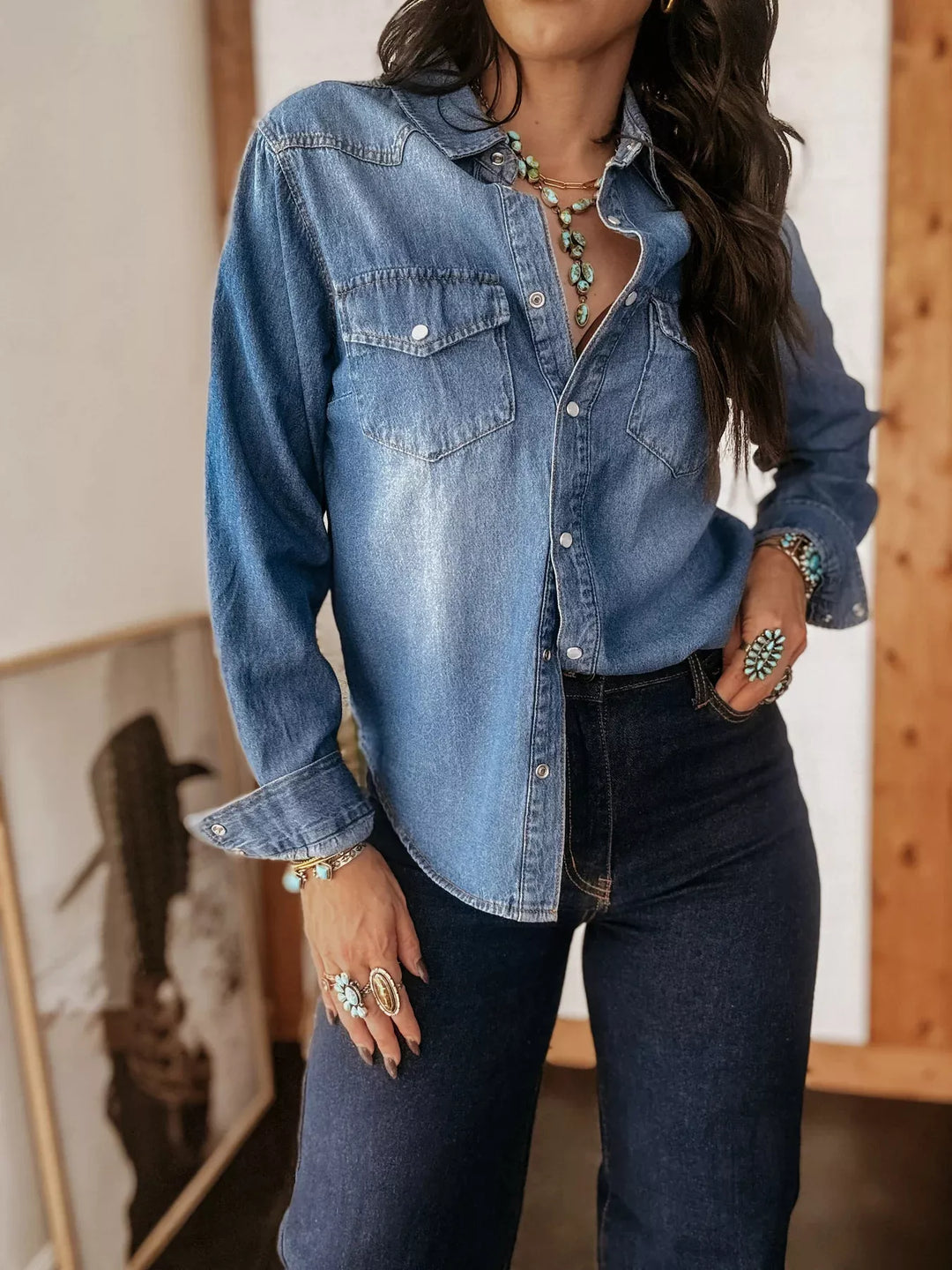 Blue Washed western denim shirt with pearl snap buttons