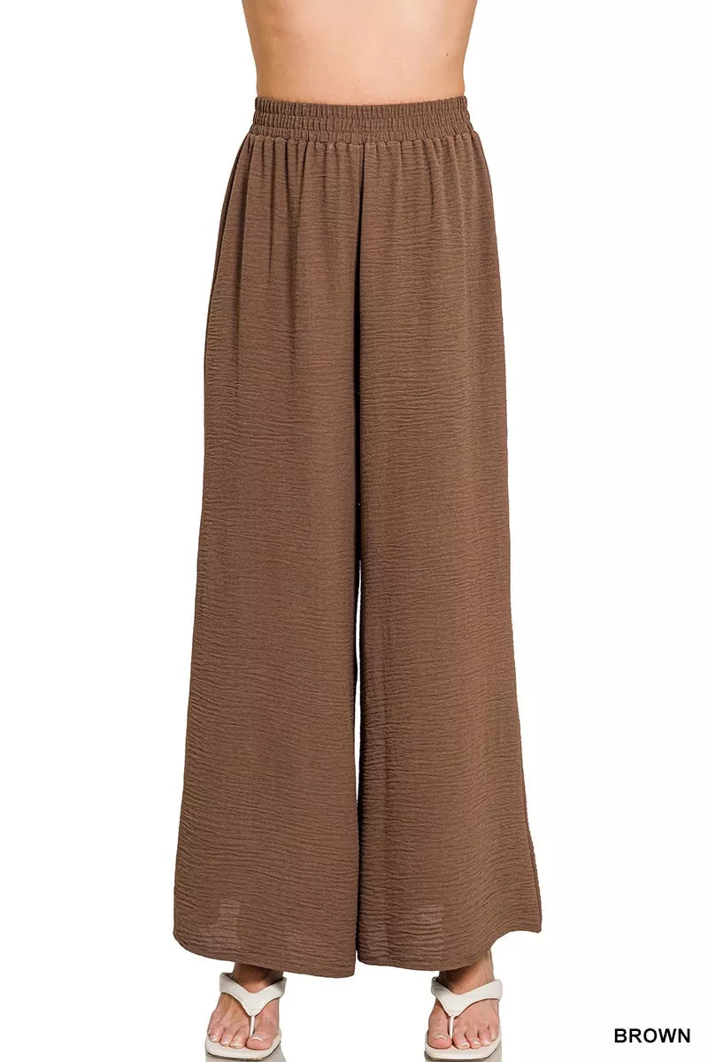 BROWN Wide-leg woven airflow pants with drawstring elastic waist