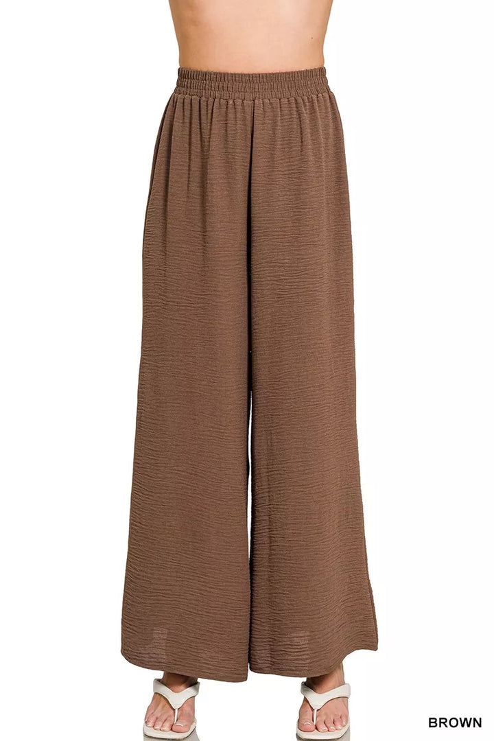 BROWN Wide-leg woven airflow pants with drawstring elastic waist