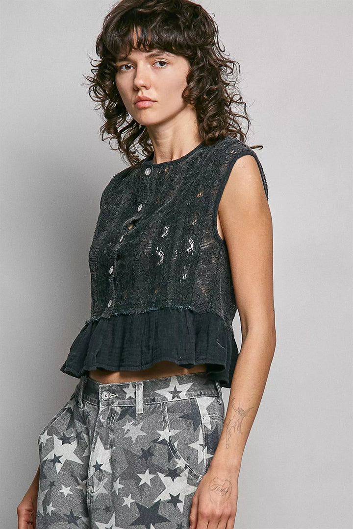 Lace button-front crop top with gauze ruffle hem