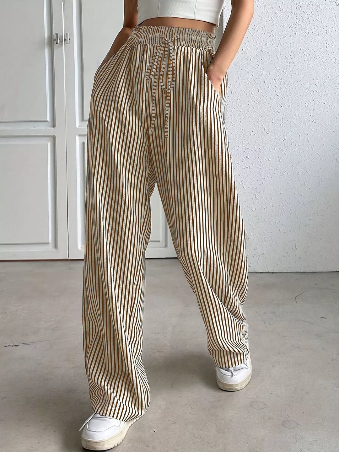 Khaki Striped wide-leg drawstring pants with side pockets