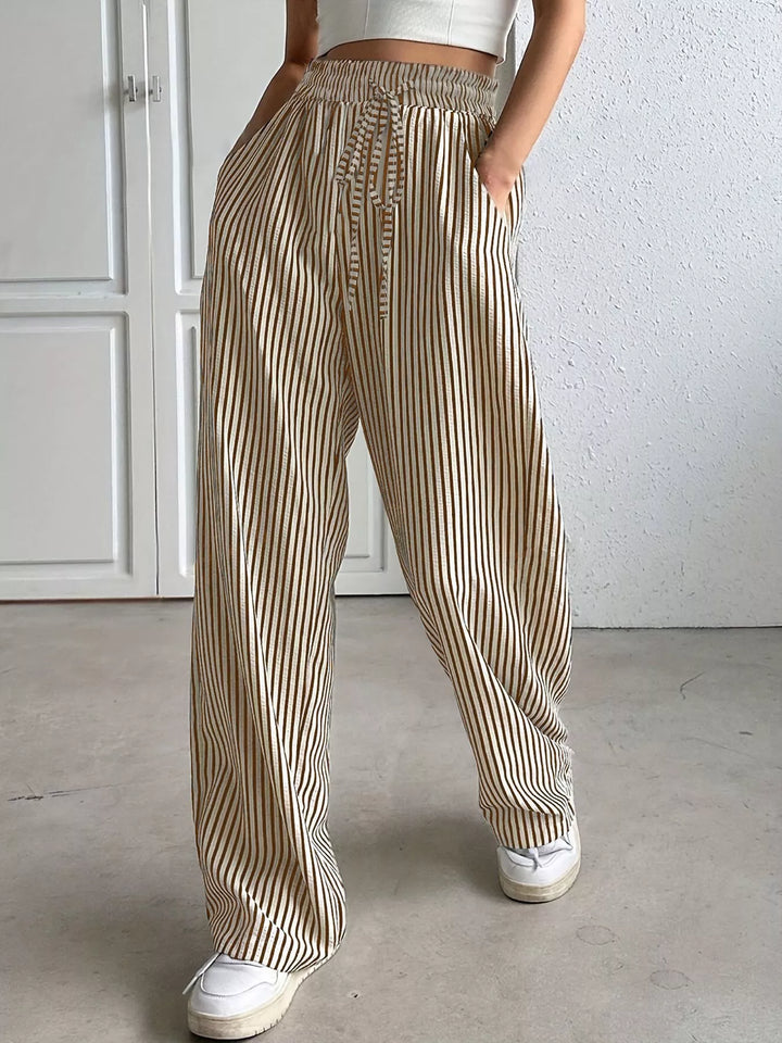 Khaki Striped wide-leg drawstring pants with side pockets
