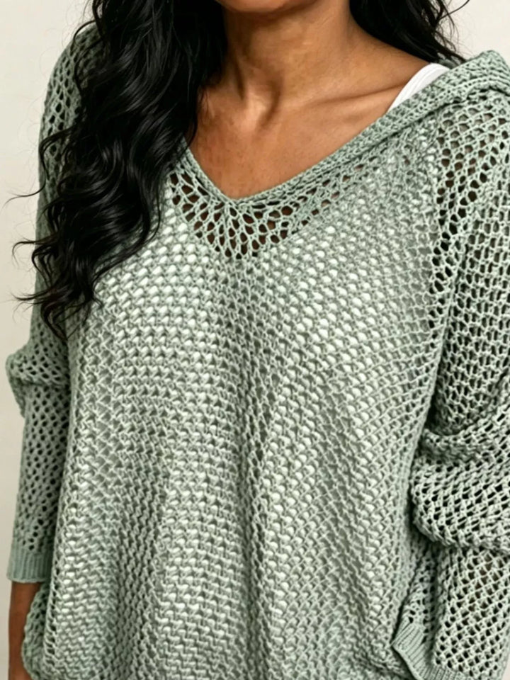 Light Green Openwork knit hooded pullover cover-up with V-neck