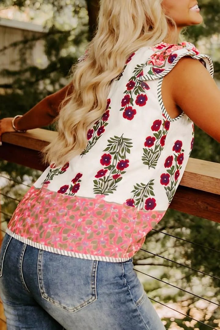 Floral print ruffle cap sleeve blouse with striped trim
