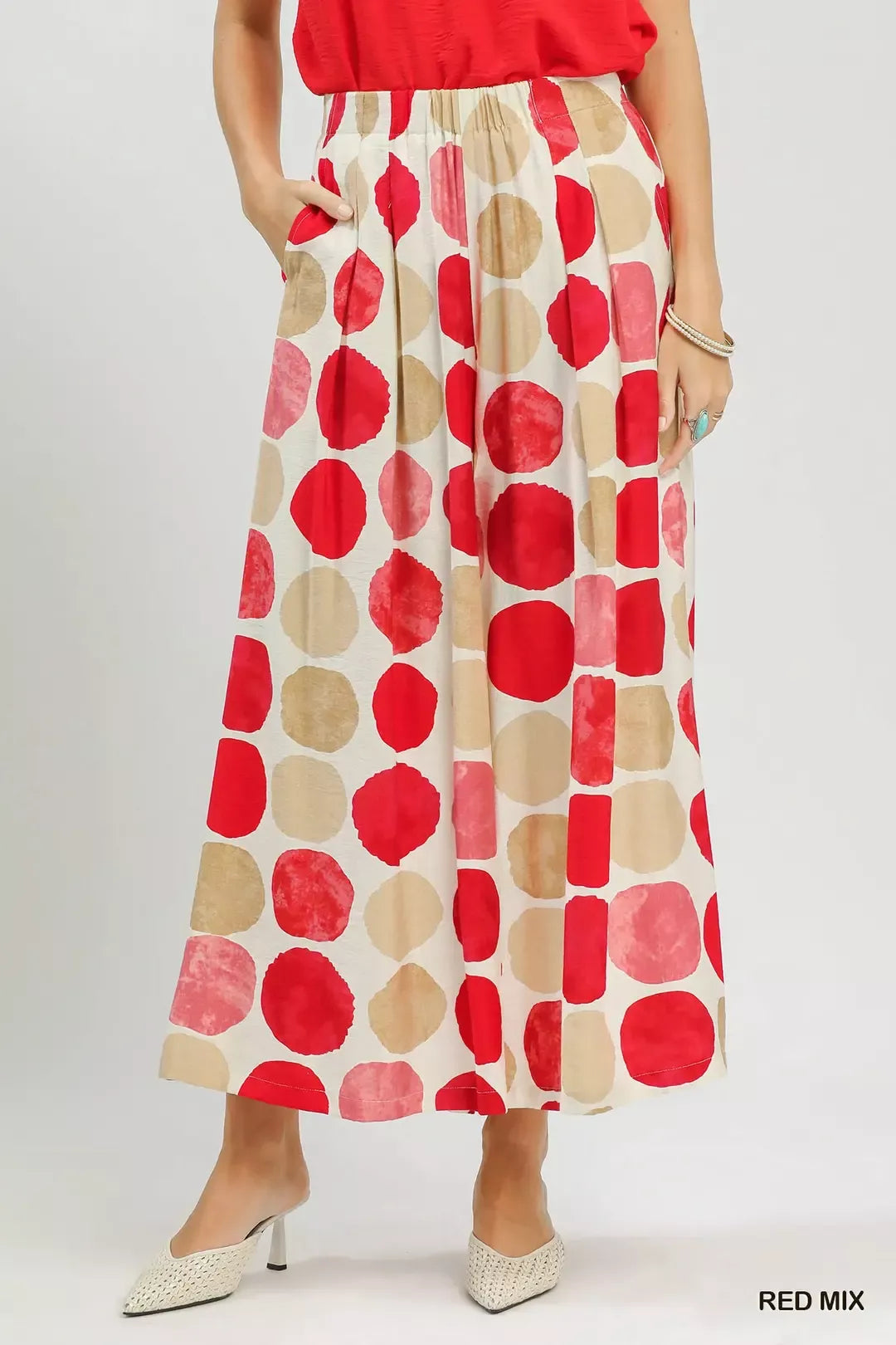 RED MIX Watercolor dot print wide leg pants with side pockets