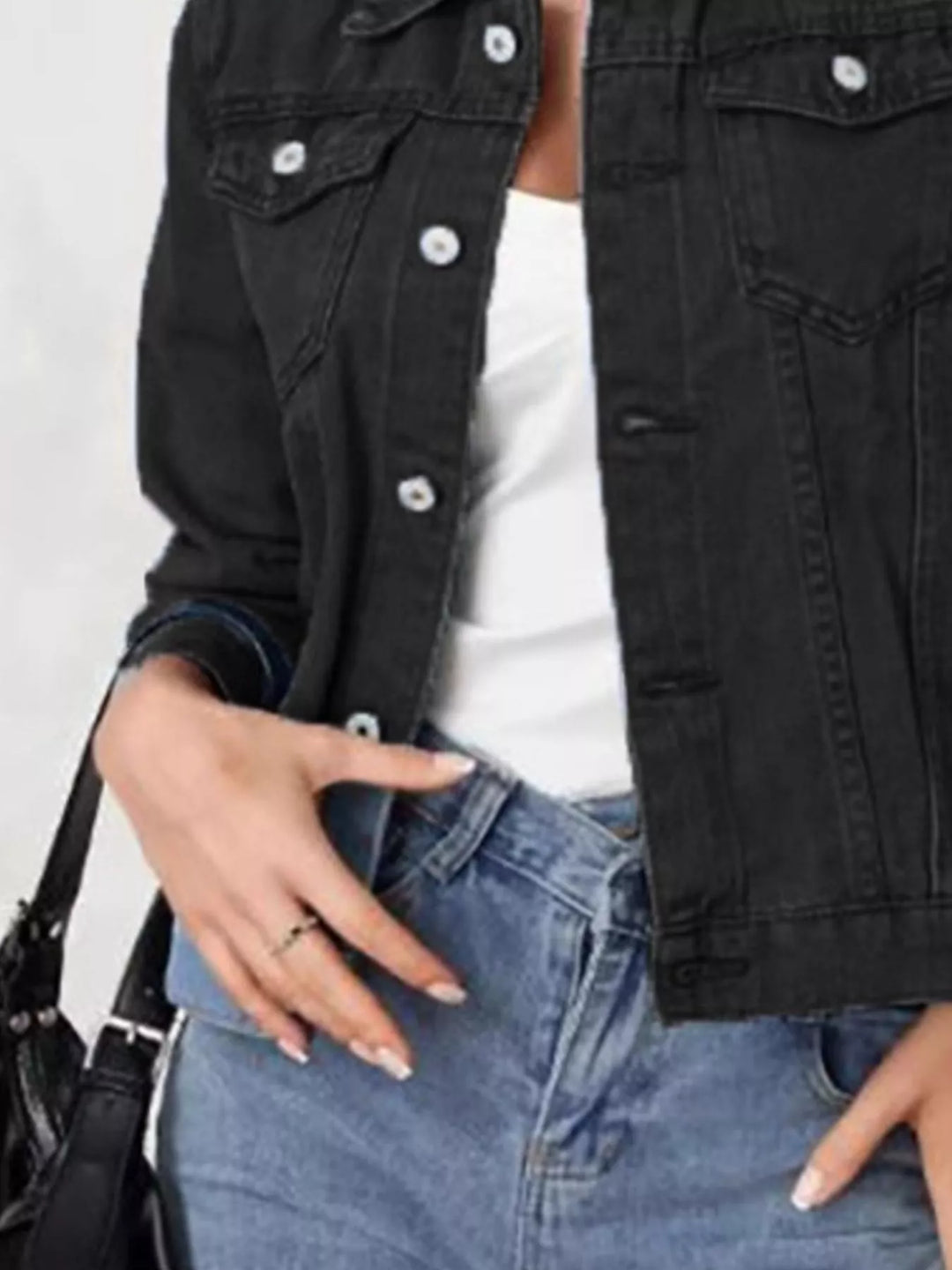 Cropped button-up denim trucker jacket with chest pockets