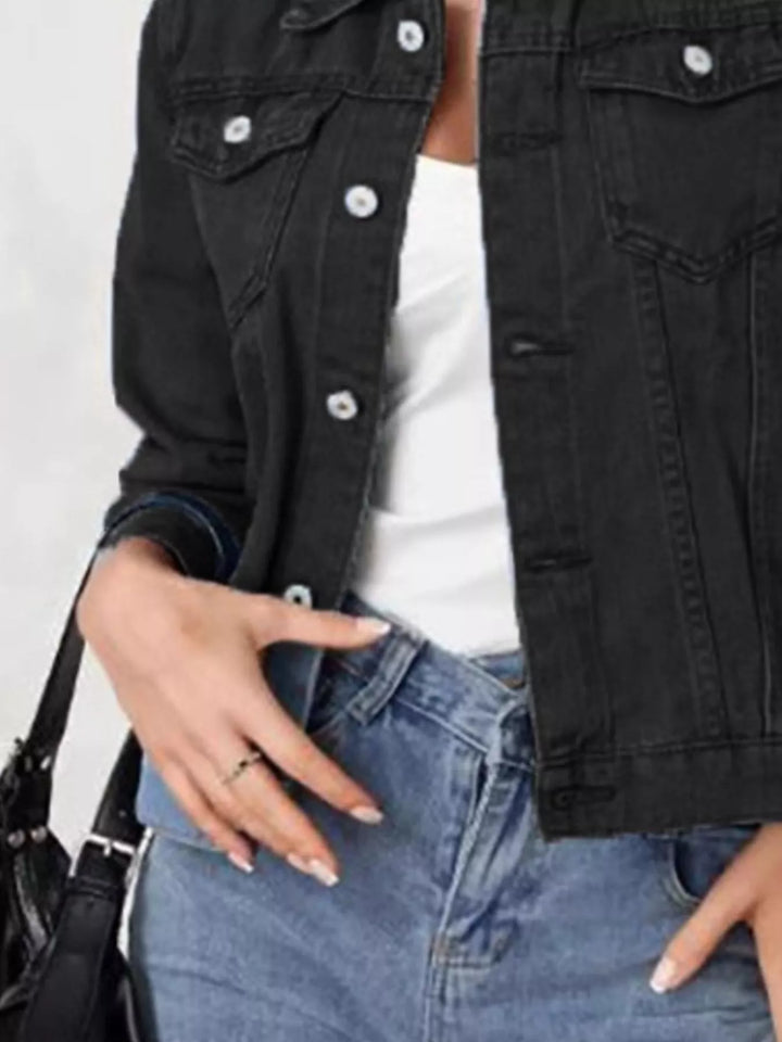 Cropped button-up denim trucker jacket with chest pockets